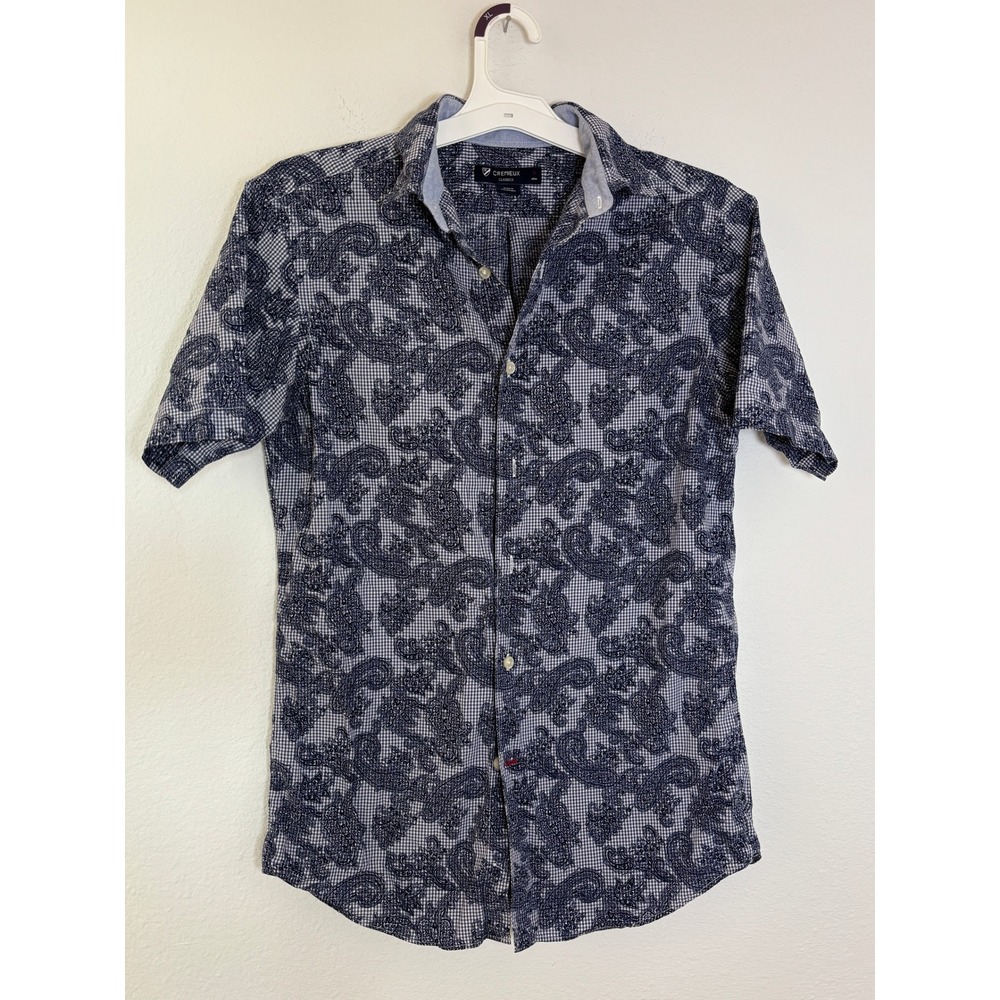 Cremieux Classics Mens Small Blue Paisley Gingham Short Sleeve Button Down Shirt